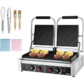 VEVOR 3600 W Stainless Steel Sandwich Grill with Temperature Control Double Enamelled Ribbed Plate 48 x 23 cm for Burgers, St