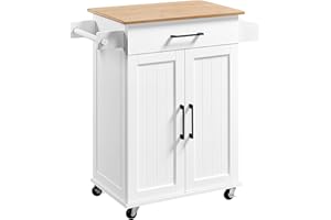 ‎YAHEETECH Yaheetech Bewegliche Kücheninseln Küchenwagen auf Rollen, Servierwagen mit Schublade und 3 Schrank, Arbeitsplatte aus Holz, Rollwagen 60 × 40 × 88,5 cm, Küchentrolley im Landhausstil, Weiß