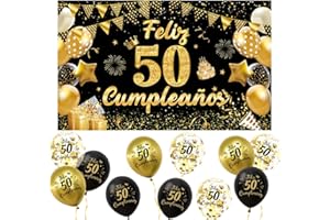Meleager Decoración 50 Cumpleaños Español, Pancarta Feliz 50 Años + 15 Globos, Banderola de Feliz 50 Años Cumpleaños, Kit Decoración Fotos para Fiestas Negro y Dorado