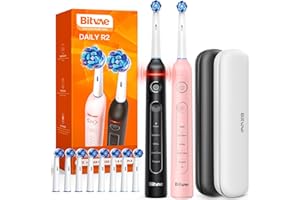 Bitvae Cepillo de Dientes Eléctrico Giratorio, 2 Paquetes para Adultos con Sensor de Presión, Regalos para Hombres Y mujeres, 5 Modos de Cepillo de Dientes Recargable con 8 Cabezales de Cepillo, Negro
