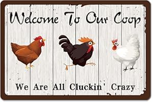 CREATCABIN Metalowy blaszany znak 'Welcome To Our Coop We Are All Cluckin' Crazy Funny Poster Tablice z cytatami vintage wisząca dekoracja na farmie podwórko dom wiejski salon