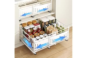 HABITELLO Cassetto Estraibile per Cucina, Organizzatore in Metallo con Cassetti Telescopici, Salvaspazio per Dispensa e Armadio, Larghezza Regolabile da 32.5 a 50cm (Style A Bianco, 2 Pezzi)