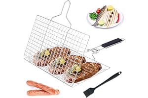 FZYCOM PNOOFR Panier Grille pour Barbecue, Grille Barbecue, Plat Cuisson Barbecue en Acier Inoxydable avec poignée, Support de Barbecue Portable pour l'extérieur avec Brosse à Badigeonner