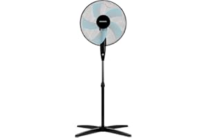 Grunkel Ventilador de Pie FAN-165 de 50W- 16" 40cm de diametro con 3 Velocidades y 5 aspas, Altura Regulable hasta 118cm. Cabezal inclinable, oscilación automatica 90° y cable de 1,4m - 50W (Negro)