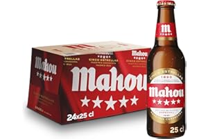 Mahou 5 Estrellas, Pack de 24 Botellas x 25 cl, Cerveza Especial Dorada Lager Con Sabor 5 Estrellas, 5.5% Volumen de Alcohol, El embalaje puede variar