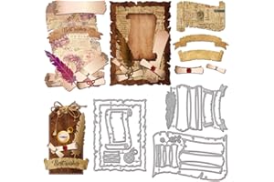 GLOBLELAND Matrices de Découpe de Bannière Vintage en Forme de Rouleau pour Scrapbooking Découpes Métalliques avec Bordures Festonnées et Motifs de Plumes et de Compas pour la Fabrication de Cartes