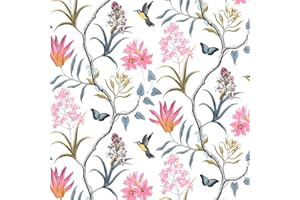 ICYEHAO Papier Peint Floral Rose,44.5 x 1000cm Papier Peint Rose Fleur Bleu Feuille Botanique Oiseaux Papillon Papier Autocollant pour Meuble,Chambre,Salon,Salle de Bain,Toilette