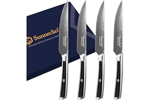 Sunnecko Coltelli da Bistecca 4 Pezzi, Coltelli da Tavola in Acciaio VG10 Damasco 73 Strati, Set Coltelli da Cucina Professionali, Coltelli Carne Manico G10, Coltello Giapponese Regali Natale
