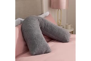 OHS V Pillow Teddy Fleece Grey, Support Pillow for Sleeping Relaxing Super Soft Warm Comfy Pillow Cuddle Cushion Orthopaedic V Shape for Bed Sofa, 80 x 60 x 25cm