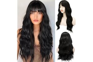 BARSDAR Peruka z falowanymi włosami, naturalna, czarna, długa, falowana peruka z grzywką, do cosplay, dla kobiet i dziewcząt, naturalny kolor, kręcone falowane peruki