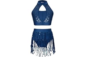 dPois Girls Dance Outfits 2 Piece Sequins Crop Top with Fringe Shorts Set Modern Jazz Latin Salsa Costume Dancewear