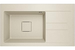 Lavello Lavello in granito color sabbia – profondo lavello da incasso 88 x 50 cm – lavello da cucina 1 bacino con scolapiatti – antigraffio e reversibile – con scarico nascosto – incl. set di scarico