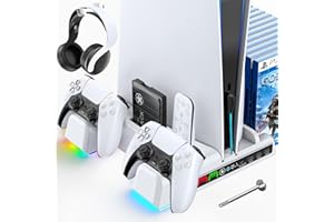KYTOK PS5 Ständer mit 3 USB Anschlüsse, PS5 Controller Ladestation mit RGB Licht, PS5 Kühler mit 3-stufig Lüfter, Aufbewahrung für Headset, 14 Spiele, Fernbedienung & Festplatten, PS5 Zubehör