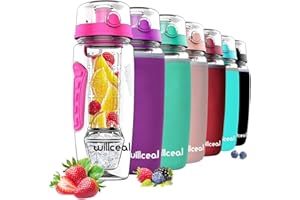 willceal Fruit Infuser Water Bottle 32oz Durable with Removable Ice Gel Ball Large - BPA Free Tritan Flip Lid Tight Design - Sports, Camping (Pink)