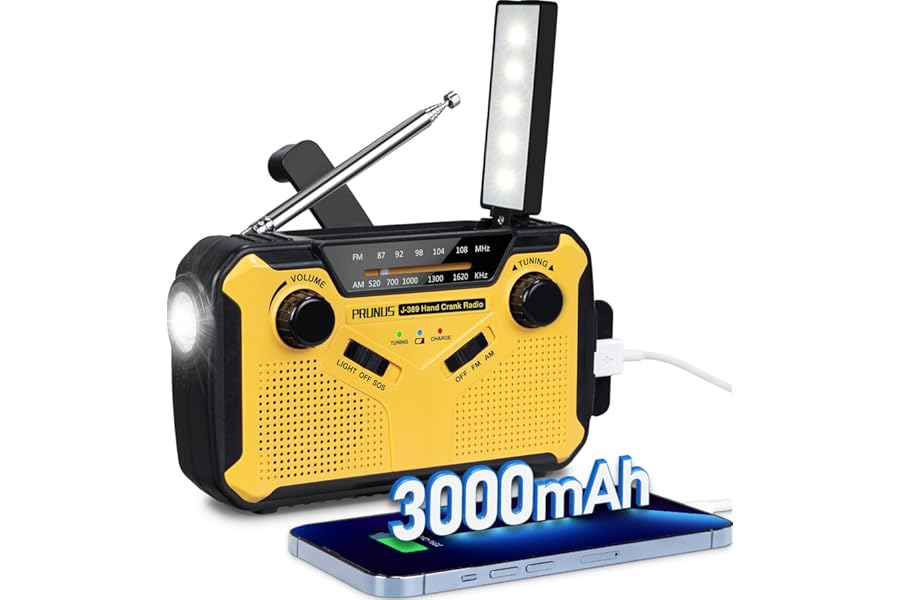 PRUNUS J-369 Wind Up Radio Solar, AM/FM Emergency Hand Crank Radio, Battery Radio with 3000mAh Power Bank, LED Torch, SOS Alarm, USB Phone Charger Perfect for Emergencies & Outdoor Survival