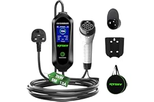 RTSKY EV Charger Cable Type 2 to 3 Pin UK Plug 5M/16.4ft, 3KW 6/8/10/13A Adjustable Portable Cable with UI Display Screen, Gun Holder & Wall Bracket