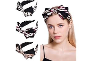 GLOPPIE Big Printed Bow Cat Ear Headband Hair Hoop Headbands for Party And Daily Decoration, No Metal Gentle Elastics Black and Leopard, 3 Pieces Red/Yellow Coffee/Dark Coffee