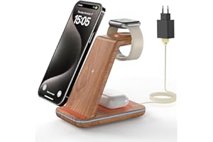 GEEKERA Stazione Ricarica per Apple, Caricatore Wireless per iPhone 16/15/14/13/12/11/X/Pro Max, Postazione Ricarica per Apple Watch 10/9/8/7/6/5/4/3/2, Base Ricarica Wireless per AirPods 4~2-Legno