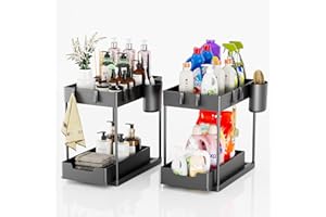 LOVICVKEM organizer sottolavello cucina a 2 Livelli,organizer bagno portaoggetti,4 cuscinetti antiscivolo e 4 ganci,2 tazze sospese,Portaoggetti scorrevole rimovibile,Adatto per la cucina del bagno.
