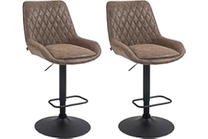 HOMCOM Breakfast Bar Stools Set of 2 with 51x40cm Wide Seat, Height Adjustable Kitchen Counter Chairs, Retro Swivel Upholstered Barstools with Back, Footrest and Steel Base, Coffee