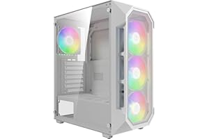 GAMDIAS PC Gaming Gehäuse, ATX Mid Tower Computer Case, Vorinstallierte 4 x120mm FRGB-Lüfter, Airflow Mesh Front, Gehärtetes Glas-Seitenfenster, Weiß