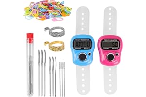 PAYFULLY Contador de dedos electrónico, 2 unidades de contador de filas, 120 marcadores de punto, 9 agujas de coser (con caja de almacenamiento) y 2 dedal de costura para tejer, ganchillo o