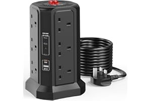 HAFINO Tower Extension Lead 3M with USB Slots and PD 65W USB C Fast Charger, 5 USB Ports (4C1A) and 12 Way Surge Protected Extension Tower, Extension Cable for Home, Office, Black