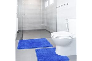 SOANNY 2 Piece Non-Slip Bath Mat Set, Luxury Thick Microfiber Shaggy Bathroom Rugs, 50 X 80 CM Soft Plush Shower Rug & 50 X 50 Toilet Pedestal Mat, Machine Washable, Absorbent, Blue