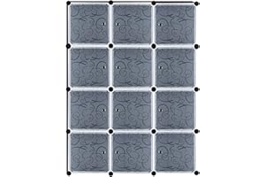 Yuenfong - Armadio organizer fai da te, sistema di scaffalature in plastica per vestiti, scarpe, giocattoli e libri, 12 scatole con porta, colore nero