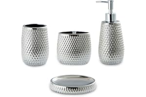 BASDHE Silver Bathroom Accessory Set 4 Piece Ceramic Bath Accessories Sets Complete, Rain- Drop Shaped Bathroom Essential with Toothbrush Holder & Dish, Tumbler, Soap Dispenser Set for Bath Decor