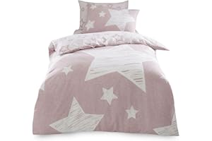 VELVETIO Easy Care Single Kids Duvet Cover Set with Pillowcase, Boys & Girls Printed Stars Bedding Bedset, Soft Polycotton Reversible Comforter Quilt, Blush Pink