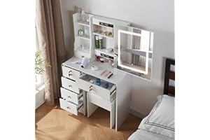 TOPHEHAN Dressing Table with LED Lights, Vanity Table with Adjustable Brightness Mirror, Makeup Desk with Drawers and Open shelves for Bedroom,Modern (H1905LED)