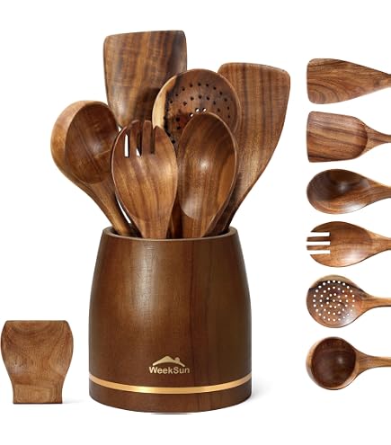 Ensemble Ustensiles De Cuisine En Bois De Teck - 5 Pièces (Spatule, Cuillère, Louche...)