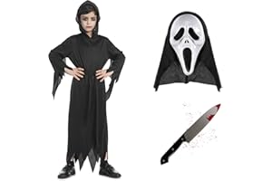 Carnavalife Disfraz Scream Niño+Mascara Scream Fantasma Ghostface Resistente+Cuchillo Sangre para Niños 3-15 años para Halooween y Carnaval, Disfraz Halloween Niño Disfraz Muerte,Disfraz Asesino
