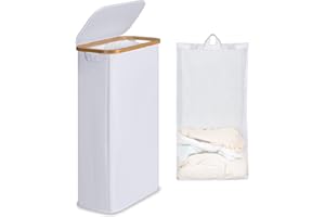 efluky Cesto per la Biancheria 63L, Cesto per la Biancheria Sottile con Coperchio, Cestos per la Biancheria Pieghevole Bianco con Manici in Bambù e Borsa Rimovibile per Camera da Letto, Lavanderia