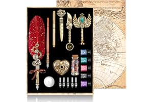 MPRINCE Quill Pen and Ink Set,Feather Pen Ink Set Includes Quill Pen,Wooden Pen,5 Replaceable Nibs,5 of Ink, Seal,Wax Beads,Envelope and Letter Paper Etc-Red