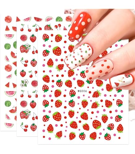 Nagelaufkleber Erdbeere & Kirsche – 5D-Design Mit Strass & Herz, 2 Blätter, Selbstklebend Für Nail Art