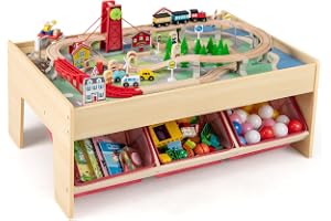 GOPLUS Lekbord med 94 leksaksdelar, barnjärnvägsset med 3 förvaringslådor, järnvägsspår, bilar, barnaktivitetsbord för flicko