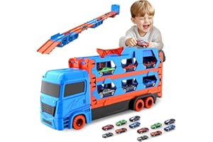 Qivange Transport Truck Toy for 3 4 5 6 7 Year Old Boys Gifts, Portable Truck Toy with 12 Race Car, Kids Race Track Car Carrier Vehicles Toys Set for Toddler Age 3+