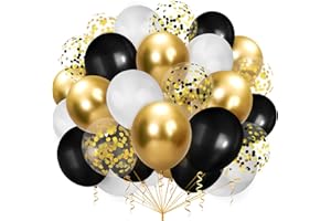 GHOIETV 100 Stück Luftballons Schwarz Gold Weiß,Schwarz und Gold Konfetti Luftballons,Goldene Luftballons,Party Latex Luftballons mit 2 Rollen Band für Ballongirlande Hochzeit Abschlussfeier Party Deko