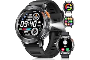 ESFOE Smartwatch męski z latarką LED, 1,43" AMOLED, wojskowy smartwatch z funkcją telefonu, monitorowanie tętna, 120+ trybów sportowych, wodoszczelny zegarek do fitnessu, akumulator 530 mAh, 2 silikonowe