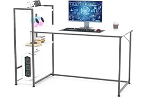 SANODESK Escritorio de Ordenador, Escritorio de Juego, Escritorio Gamer, Mesa Gaming, Mesa de Ordenador Gaming 140x60cm para el Hogar y Despacho con Estantes de Almacenamiento, Blanco