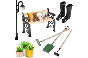 UEOTO Miniatur Wichtel Zubehör, Miniatur Garten Zubehör 1 Miniatur Gartenbank, 3 Miniatur Puppenhaus Gartengeräte, 1 Paar Mini Regenstiefel, 1 Parkstraßenlaterne Möbel Miniatur Deko