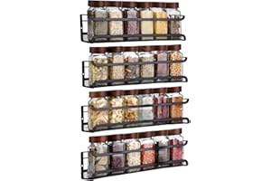 MANFÂ Lot de 4 Étagères à Épices Noires en Métal avec Panier Filet - Support Mural Sans Percer (Adhésifs & Vis Incluses) - Pour Cuisine, Porte d'Armoire ou Salle de Bain - 29x7x7cm - Anti-Rouille