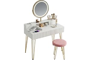 Relaxdays sminkbord med pall, spegel, belysning, uttag, 2 lådor, 135 x 80 x 40 cm, vit