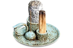 4-i-1 keramisk rökelsebrännare, rökelsehållare, med askkopp och ljushållare, för rökelse, rökelsekoner, salvia, Palo Santo-trä, heminredning, meditation och yoga