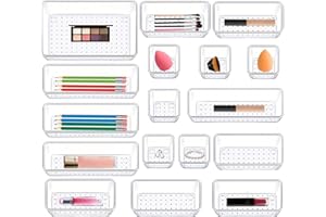 MIILOVDORA 17 Piezas Organizadores de Cajones de Plástico Transparente, Organizador de Maquillaje 4 Tamaños, Drawer Organizer, Organizador Cajones Escritorio para Maquillaje, Baño, Oficina, Cocina, Tocador