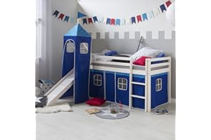 ‎HOMESTYLE4U Homestyle4u 521, Kinderbett Hochbett 90x200 Weiß mit Rutsche Treppe Turm Vorhang Blau Bettgestell Holz Kiefer