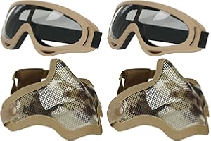 AOUTACC Airsoft Ensemble Masque et Lunettes, Demi-Masque en Acier Plein Masque et Lunettes pour CS/Chasse/Paintball/Tir