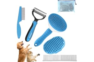 WOPQAEM 5 in 1 Dog Grooming Kit - Self-Cleaning Slicker Brush for Shedding Short Long Haired Dogs & Cats, Includes Pet Comb, Flea Comb, Bath Brush, Undercoat Rake - Complete Fur Care Set - Blue